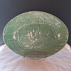 Portugal Majolica Green Large Oval Plate Hibiscus Flower